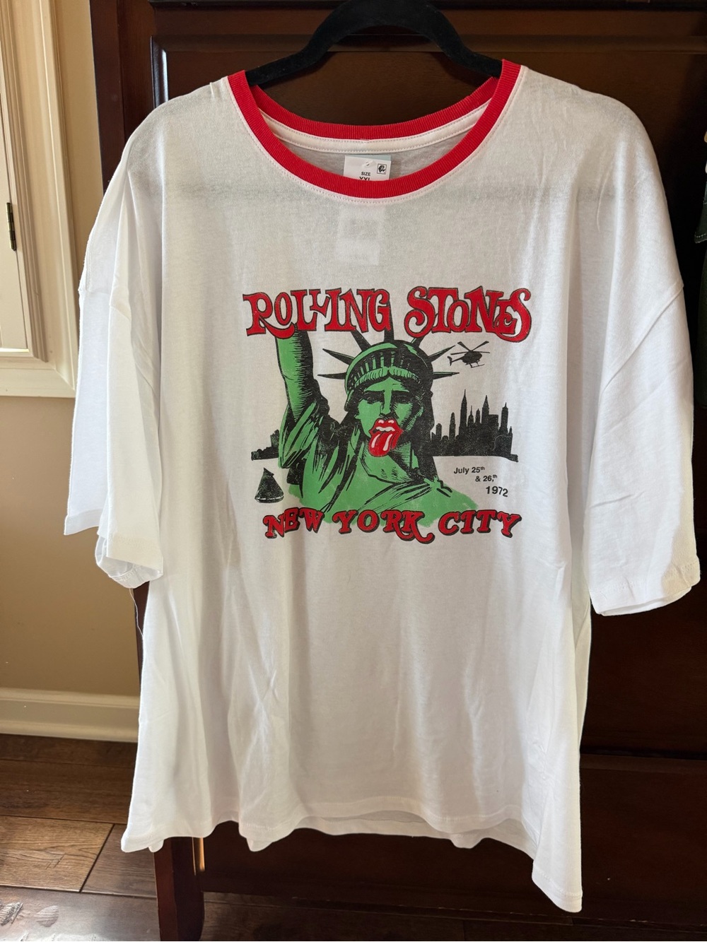 the Rolling Stones White Ringer Tee with Red and Green Graphic